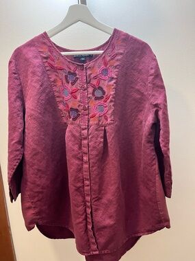 Gudrun Sjöden Floral Embroidered Button-Front blouse in cotton/linen and silk